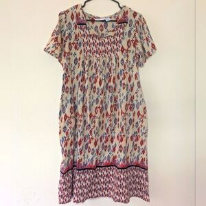 Vintage National Patterned Cotton Dress Cream/Blue/Red/Pink Women's size M